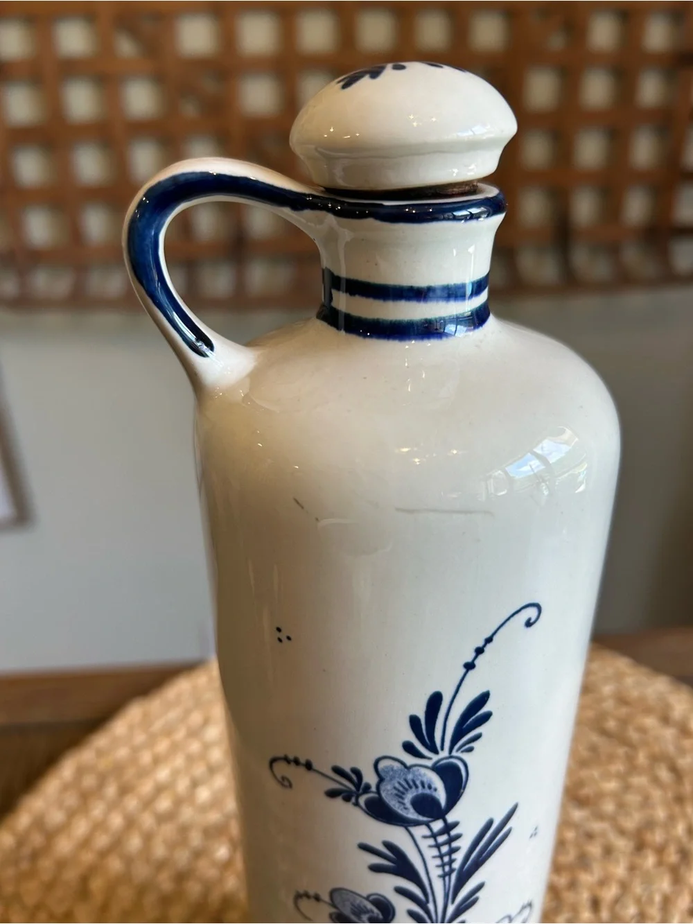 Vintage Blue & White Delft Decanter Wine Bottle with Cork Windmill Motif